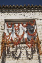 Turkey, Aydin Province, Kusadasi, Strings of red and orange chilies hung up to dry in late afternoon summer sunshine across windows of whitewashed house in the old town and casting shadows against the...