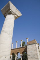 Turkey, Izmir Province, Selcuk, Partially reconstructed wall of the 6th century Basilica of St. John the Apostle with marble column in foreground.