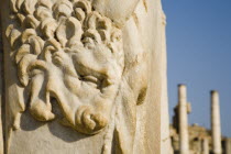 Turkey, Izmir Province, Selcuk, Ephesus, Detail of carving of the skin of the Nemean lion slain by Heracles or Hercules on the ruins of the Gate of Heracles. 