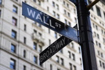 USA, New York, Manhattan, Street signs for Wall Street and Broadway in the financial district.