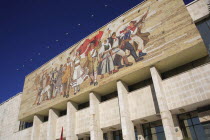 Albania, Tirane, Tirana, National History Museum, Mosaic on the exterior facade of the National History Museum in Skanderbeg Square representing the development of Albanias history.