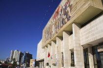 Albania, Tirane, Tirana, National History Museum, Exterior facade and entrance of the National History Museum in Skanderbeg Square with mosaic representing the development of Albanias history. City bu...