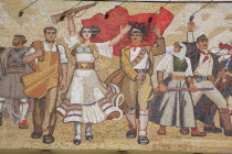 Albania, Tirane, Tirana, National History Museum, Detail of mosaic on the exterior facade of the National History Museum in Skanderbeg Square representing the development of Albanias history.