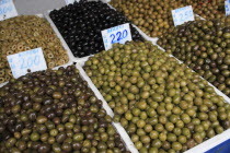 Albania, Tirane, Tirana, Display of olives for sale in the Avni Rustemi Market.