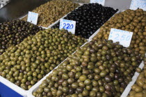 Albania, Tirane, Tirana, Display of olives for sale in the Avni Rustemi Market.