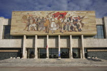 Albania, Tirane, Tirana, National History Museum exterior facade with mosaic representing the historical development of Albania above entrance. 