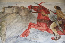 Albania, Kruja. Mural on the wall of the National Skanderbeg Museum depicting battle scene.