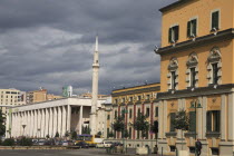 Albania, Tirane, Tirana. Opera House, Ethem Bey Mosque and government buildings in Skanderbeg Square.