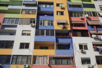 Albania, Tirane, Tirana, Multi coloured apartment block.