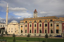 Albania, Tirane, Tirana, Government building and Ethem Bey mosque in Skanderbeg Square.