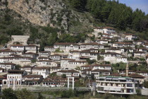 Albania, Berat, Traditional Ottoman buildings and footbridge over the river Osum.