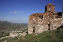 Albania, Berat, St Triada Church and view over the town and river Osun.