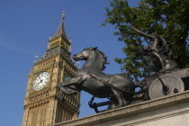 England, London, Westminster, Big Ben with the statue of Boudicea in the foreground.