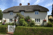 England, Devon, Traditional thatched cottage with white painted gate.