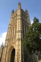 England, London, Westminster, Houses of Parliament tower.