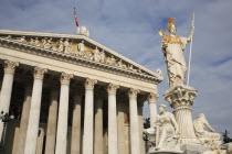 Austria, Vienna, Statue of Athena in front of Parliament.