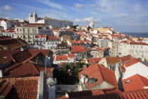 Portugal, Lisbon, View across the old town of Alfama to Monastery of Sao Vicente de Fora.