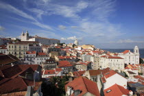 Portugal, Lisbon, View across the old town of Alfama to Monastery of Sao Vicente de Fora.