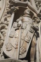 Portugal, Lisbon, Detail of the neo-manueline facade of Rossio Railway Station.