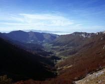 France, Rhone-Alpes, Drome, Valley Ombleze and surrounding landscape from Col de Bataille in Autumn colours.