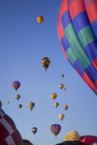 USA, New Mexico, Albuquerque, Annual balloon fiesta, Colourful hot air balloons.