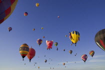 USA, New Mexico, Albuquerque, Annual balloon fiesta, Colourful hot air balloons.