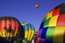 USA, New Mexico, Albuquerque, Annual balloon fiesta, Colourful hot air balloons.