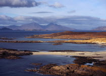 Scotland, Highlands, Ardnamurchan, Sanna Bay with the Isle of Rum beyond.