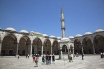 Turkey, Istanbul, Sultanahmet Camii, Blue Mosque, courtyard with minaret.