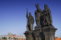 Czech Republic, Bohemia, Prague, Charles Bridge, Statue of Saints Norbert of Xanten, Wenceslas and Sigismund.