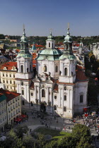 Czech Republic, Bohemia, Prague, Old Town Square, Church of St Nicholas from Old Town Hall Tower.