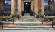 Ireland, North, Belfast, Cathedral Quarter, Entrance steps of the Merchant Hotel in Waring Street a former bank.