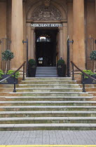 Ireland, North, Belfast, Cathedral Quarter, Entrance steps of the Merchant Hotel in Waring Street a former bank.