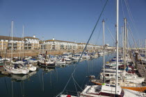 England, East Sussex, Brighton, view over boats moored in the Marina with apartment buildings behind.