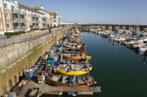 England, East Sussex, Brighton, view over fishing boats moored in the Marina with apartment buildings behind.