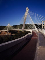 France, Bretagne, Finistere, view from south bank left side of the pont de terenez suspension bridge over the river aulne completed in 2011.