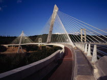 France, Bretagne, Finistere, view from south bank left side of the pont de terenez suspension bridge over the river aulne completed in 2011.