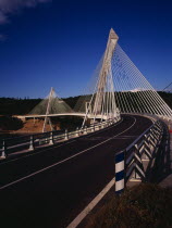 France, Bretagne, Finistere, view from south bank right hand side of the pont de terenez suspension bridge over the river aulne completed in 2011.