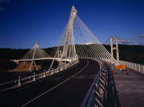 France, Bretagne, Finistere,  view from south bank right hand side of the pont de terenez suspension bridge over the river aulne completed in 2011.