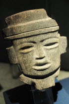 Mexico, Anahuac, Teotihuacan, Anthropomorphic head, ceramic representation, on display in site museum.