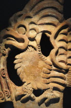 Mexico, Anahuac, Teotihuacan, Detail of architectural crenellation representing a bird on display in the site Museum.