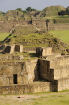 Mexico, Oaxaca, Monte Alban, Edificio buildings G, H and I in central plaza.