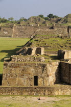 Mexico, Oaxaca, Monte Alban, Edificio buildings G, H and I in central plaza.