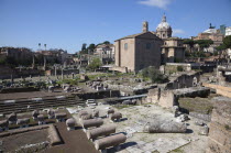 Italy, Lazio, Rome, View over the ruins of the Roman Forum from Via Fori del Imperial.