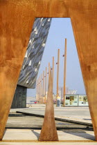 Ireland, Belfast, Titanic Quarter, Titanic Belfast Visitor Experience, Vista through Titanic sign.