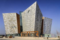 Ireland, Belfast, Titanic Quarter, Titanic Belfast Visitor Experience, General view of building with Titanic sign outside.