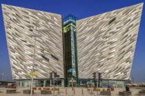 Ireland, Belfast, Titanic Quarter, Titanic Belfast Visitor Experience, Head on view of the building.