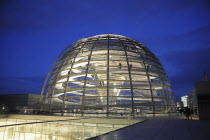 Berlin, Germany, Reichstag Dome at night.