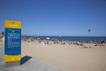 Spain, Catalonia, Barcelona, Playa de St Sebastia, Barceloneta Beach.