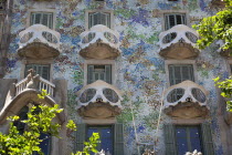 Spain, Catalonia, Barcelona, Exterior of Casa Batllo on Passeig de Gracia, designed by Antoni Gaudi.